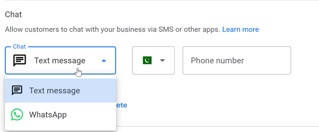 Choose whatsapp while setting google business profile