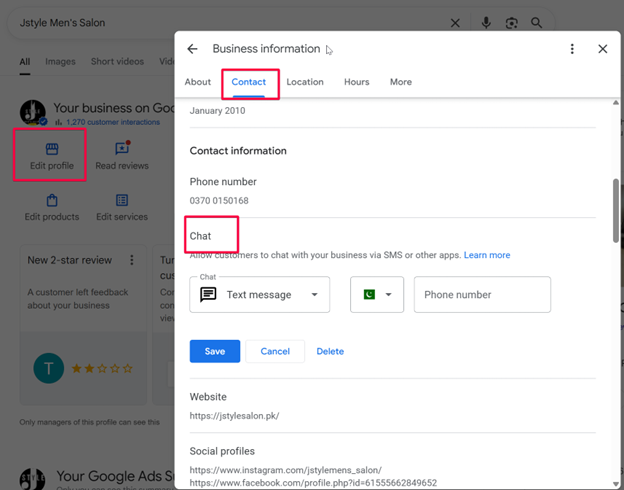 Go to contact section on google business profile
